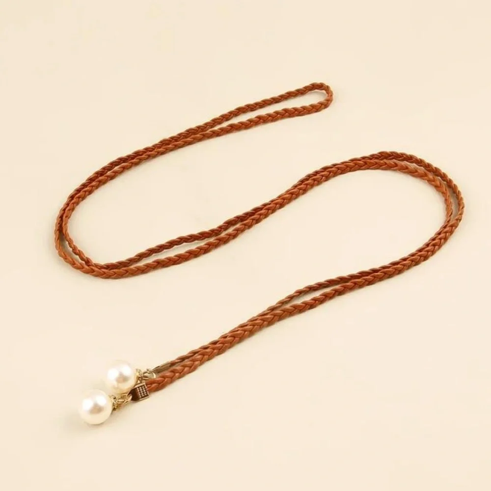 NEW| Women’s Elegant Faux Pearl Braided Vintage Style Skinny Belt PU Leather